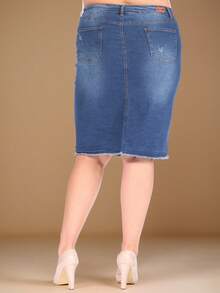 Women Plus Stretch Denim Distressed Pencil Skirt  Plain - Rửa chàm - Xem 4