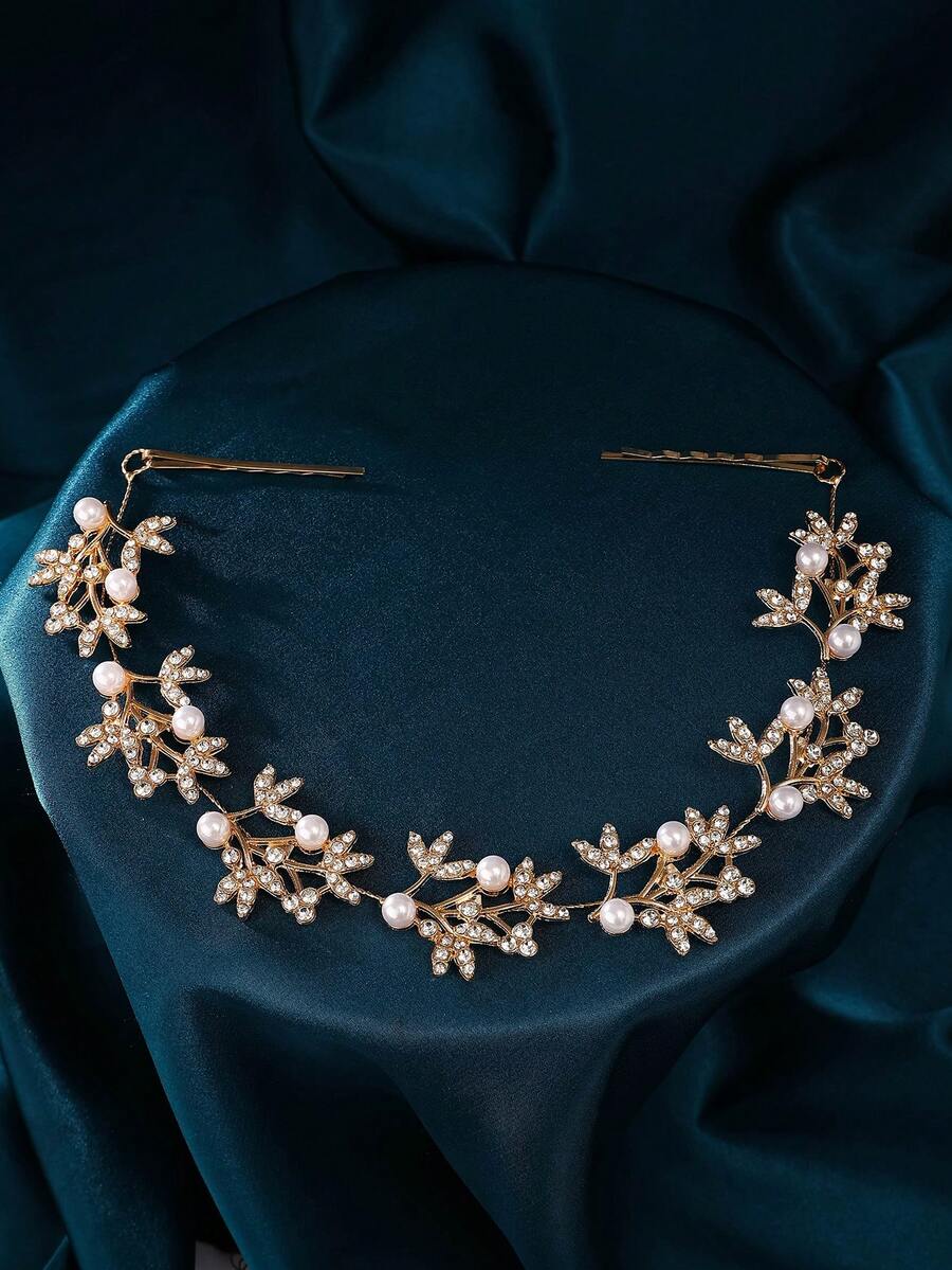 鑲嵌葉形水鑽和仿珍珠裝飾新娘髮箍，優雅的頭飾