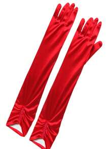 1 Pair Women's Extra Long Double Row Beads Satin Bridal Gloves, Suitable For Wedding Dress Matching
