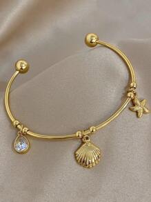 1Pc 18K Gold Plated Ocean Open Bracelet For Women - Luxury Nautical Starfish Shell Charm With CZ Stones, Adjustable Boho Beach Jewelry, Mother's Day Gift, Summer Vacation Travel Essential, Graduation Present, Teacher Gifts