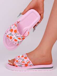 Women's Summer Fruit Print Slip-On Sandals - Comfortable Beach And Casual Flat Slides, Adjustable Strap, Breathable Fabric Upper, EVA Sole, Suitable For Indoor/Outdoor Use