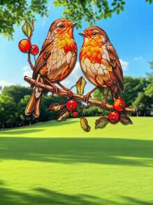 1 Stück 2D bedruckter, leuchtender Rotkehlchen Acryl Fensteranhänger - Dekoration für Garten/Außenbereich, farbenfroher Fensterschmuck (7,48 Zoll/19 cm) mit realistischem Vogel und roten Beeren, perfekt für Garten, Veranda, Wohnzimmer Dekoration, Einweihungsgeschenk und Geburtstagsgeschenk für Freunde und Familie