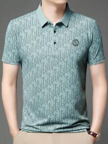 男士字母印花华夫格图案 Polo 衫，夏季轻便商务休闲装 - 綠色 - 查看 3