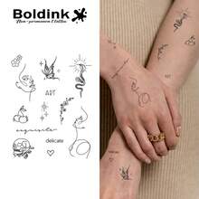 Boldink Artistic Tattoo Stickers For Women, Waterproof 1-2 Weeks, Face Outline/Butterfly/Art Letter Designs, Vintage Temporary Tattoos, Matte Finish, Undetectable, Suitable For Art, Birthday, Daily Outfits, Multiple Styles Available - Black - View 2