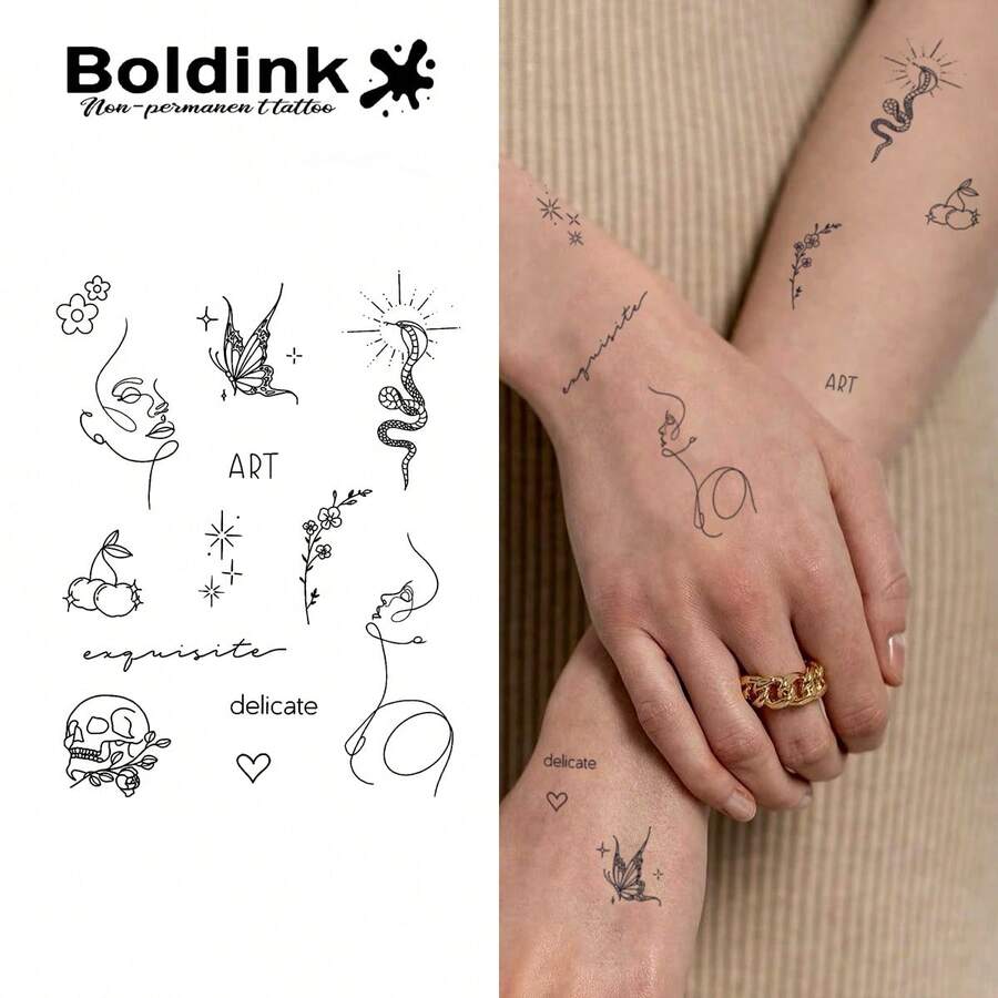 Boldink Artistic Tattoo Stickers For Women, Waterproof 1-2 Weeks, Face Outline/Butterfly/Art Letter Designs, Vintage Temporary Tattoos, Matte Finish, Undetectable, Suitable For Art, Birthday, Daily Outfits, Multiple Styles Available