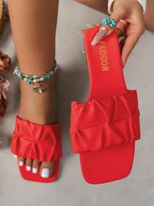 WIDE FIT Women's Square Toe Pleated Leather Sandals With Soft Sole, Wide Width Friendly Flat Comfortable Summer Shoes, Daily Wear Non-Tight Fit - Red - View 3