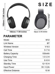Gerripuer 新款无线耳机带麦克风，6.0 芯片，适用于游戏、视频、音乐、低延迟、USB-C、立体声高清通话、商务母亲节礼物、舒适的可调节头带、HiFi 低音、长电池寿命 - 黑色 - 查看 4