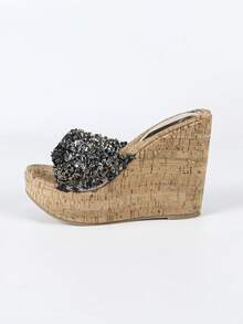 女士时尚厚底坡跟水钻拖鞋凉鞋 - 黑色 - 查看 2