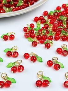 10Pcs Glass & Acrylic Beaded Charms With Golden 304 Stainless Steel Jump Rings Red Cherry Charms Fruit Pendants For DIY Jewelry Making Crafts - Multicolor - View 6
