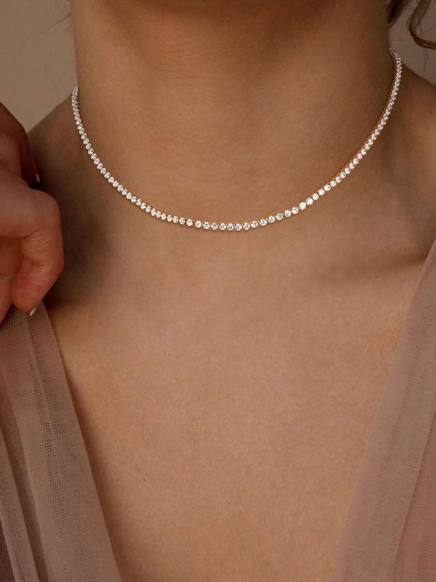 1 chiếc vòng cổ tennis nữ, mặt dây chuyền tennis Cubic Zirconia mạ vàng 14K, phù hợp làm trang sức hàng ngày của phụ nữ - Nhiều màu - Xem 1