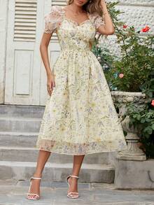 女士浪漫优雅飘逸碎花束腰长裙，短袖夏装