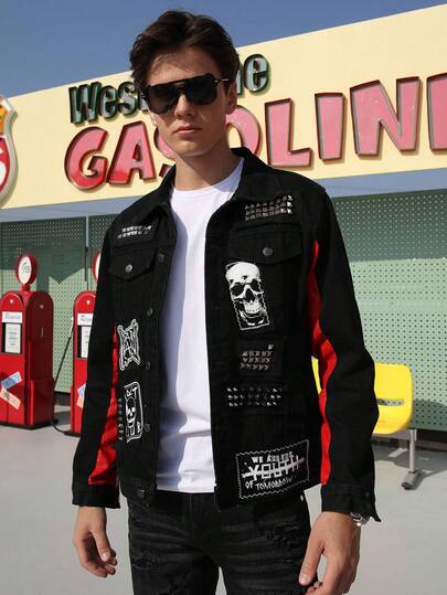  Logeqi® Chamarra tela vaquera Denim negro con calavera y grafitis de Hombre de estilo béisbol callejero