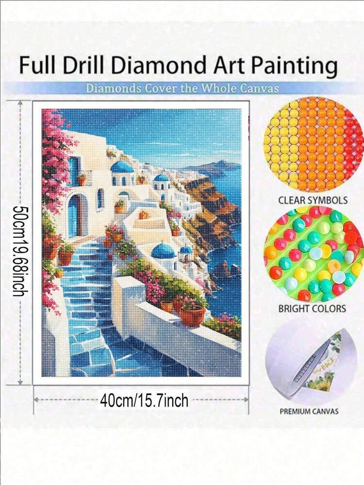 5d Diy Greek Sea Of Love Full Round Diamond Painting Kit Mosaic Santorini Island Beach House Scenery Art Full Drill Diamonds Embroidery Craft,Living-Room Decor,Frameless - Multicolor - View 3