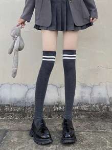 1 Pair Solid Striped Over-The-Knee Socks, Thick And Sexy For Daily Wear