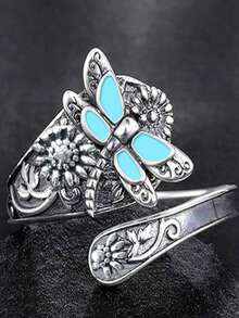 1 件复古独特波西米亚风格设计创意优雅多功能滴釉蝴蝶勺形可调节开口戒指，适合女性日常穿着、晚会配饰，送给家人和朋友的绝佳礼物 - 復古銀色 - 查看 3