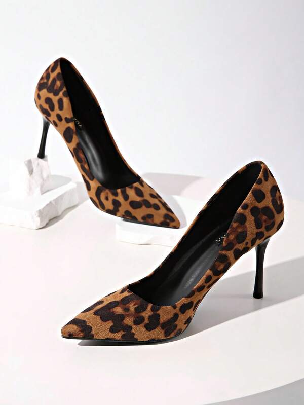 女士高端豹纹绒面革 3.3 英寸细高跟尖头浅口性感派对夜店婚礼通勤日常高跟鞋