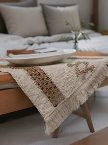 Tokoto 1pc Bohemian Woven Table Runner, Vintage Geometric Jacquard Tassel Dining Table Decor Cloth, Wabi-Sabi Style Coffee Table Cloth - Multicolor - View 5