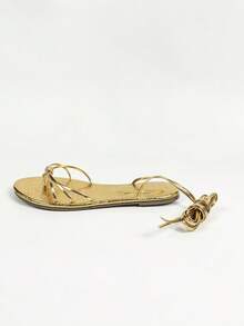 金色法式微风拖鞋，平底鞋，舒适踝带罗马凉鞋，春夏穿搭 - 金色 - 查看 7