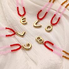 TUANZISP 1pc Women's Colorful Beaded Letter Pendant Necklace, Delicate Unique Design, Sweet Cool Style, Layered Beaded Necklace, Fashion Versatile Casual Jewelry Gift For Women, Birthday, Valentine's Day