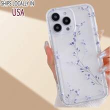 Stylish Blue-Purple Branch Flower Pattern Transparent Mobile Phone Case, Transparent Shockproof Protective Shell Suitable For IPhone16 15 14 13 12 11 Pro Max 7 8 Plus X XS XR XSMax Series - Trong sáng - Xem 2