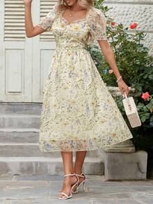 女士浪漫优雅飘逸碎花束腰长裙，短袖夏装