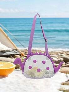 适合青少年的彩色恐龙形沙滩包 - 轻便、可折叠，配有可调节肩带、网袋、拉链封口 - 恐龙形沙滩包户外储物袋可爱旅行单肩包恐龙形背包玩具储物袋、沙滩玩具网状沙滩包贝壳包恐龙沙滩沙玩具手提袋用于存放贝壳沙滩玩具 - 彩色 - 查看 4
