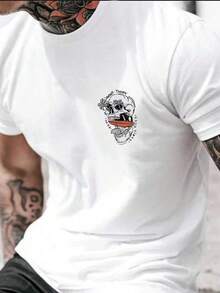 Plus Size Men's Casual Letter & Skull Print Round Neck Short Sleeve T-Shirt, Summer - White - View 2