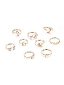 9 件套优雅简约心形、星星、月亮水晶戒指套装，可调节，适合女性节日、派对、约会、日常佩戴、礼物