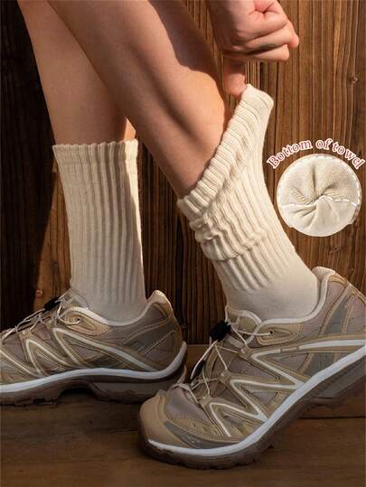 1 Pair Women's Thick Cushioned Slouchy Crew Socks, Casual Sports Socks, Couple Socks