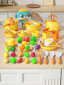 1 套儿童厨房用具炊具玩具套装，逼真的角色扮演磁性炉灶、锅碗瓢盆、切割玩具