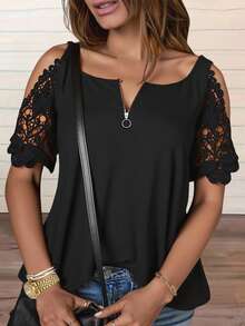 Fashionable Minimalist Versatile V-Neck Zipper Contrast Lace Hollow Out Short Sleeve T-Shirt - Black - View 3