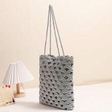 Fashion Hollow Shoulder Straw Bag Wave Pattern Summer Beach Bag - Silver - View 4