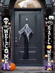 2pcs/Set Halloween Decorations Door Banners, Happy Halloween Hanging Flags, Trick Or Treat Decoration For Halloween, Halloween Pumpkin Skull Design Door Curtain Couplet, Halloween Party Front Door Hanging Banner Cloth, Halloween Porch Sign, Halloween Supplies, Halloween Decor, Halloween Door Decor, Wall Decor, Indoor Outdoor Decor, Halloween Home Decor, Room Decor, Halloween Backdrop Supplies, Halloween Party Gifts, Party Favors Fall Decor Autumn Decor