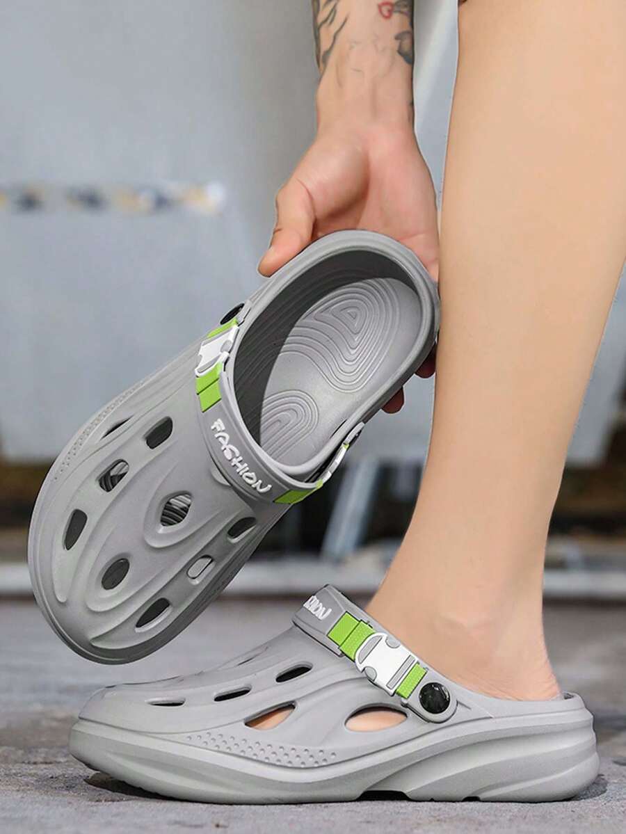 Men's Hollow Out Slip-On Sandals, Summer Outdoor Anti-Collision Closed Toe Slides, Non-Slip Wear-Resistant Beach & Indoor Thick Sole Slippers - Grey - View 1