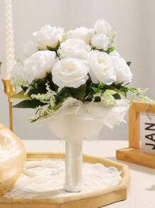 1PC Bridal Bouquet For Wedding; Lace Ribbon Tied Artificial White Rose Flower; Wedding Home Decoration; Wedding Ceremony; Bride's Hand-Held Flower; Church Wedding Ceremony Bridesmaid Prop; Outdoor Wedding Party Photography Decoration Prop
