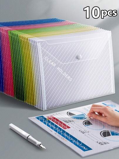 10 个透明斜条纹纽扣袋、A4 文件袋、学生资料袋、试卷收纳袋、商务文件袋、按扣封口收纳袋、纽扣口袋、彩色文件夹、加厚 PP 材质、防水文件袋、分类袋、大容量、桌面整理、办公文具收纳、返校/毕业礼物、返校、学校用品