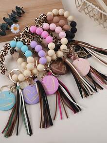 6-Piece Set Of Western Style Leopard Print Wooden Beads, Solid Color Silicone Bead Beads, Korean Velvet Tassel, Colorful Heart Wood Chips, Charm Wrist Keychains, Bag Pendants, Accessories, Keys, Car Keys, Anti Lost Women's Bracelets, Give As Birthday Gifts To Friends, Relatives, And Friends - Nhiều màu - Xem 3