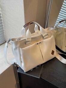 新款简约大容量托特包，时尚女士手提包，休闲多口袋单肩包，适合日常使用 - 白色 - 查看 2