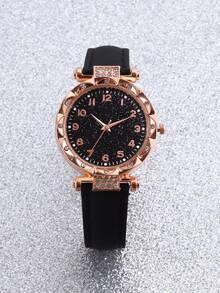 5 件套手表 + 首饰套装：时尚优雅的石英女士手表，配有 PU 皮革表带、心形主题项链、耳环和手链首饰套装 - 送给妈妈或女朋友的完美礼物，适合所有场合（不含盒子） - 黑色 - 查看 4