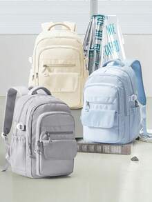 时尚百搭纯色笔记本电脑工作背包，适合 14-15.6 英寸笔记本电脑，男女皆宜，防水校园背包，适合高中大学，25L 大容量旅行单肩包，防水商务通勤背包，多口袋实用背包，青少年笔记本电脑书包，轻便耐用男女通用背包，时尚休闲背包，带衬垫肩带 - 藍色 - 查看 12