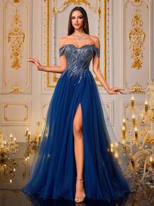 VIPGIRL Royal Blue Sequin Off Shoulder Tulle Evening Gown With High Slit, Elegant Princess Style Long Prom Dress, Luxury Formal Dresses For Women, Gala Party Outfit, Dreamy Ball Gown, For Wedding Guest - Navy Blue - View 4