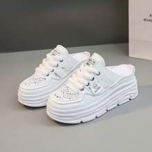 Summer's Popular New Thick-Soled Height-Increasing Casual Shoes For Women, Fashionable Perforated Shoes, Half-Slipper With A Breadhead, Breathable Casual Sports Shoes, Soft-Soled, Anti-Slip Yellow, Versatile, Lightweight And Fashionable For Daily Sports Wear. One Step On The Large-Sized Soft-Soled Casual Shoes, The Flip-Flops Expose The Heel, Fashionable And Multi-Functional