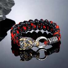 Pulsera vikinga de lobos de la mitología nórdica de Odín para hombres, de acero inoxidable trenzado con cuerda de paracaídas, runas vikingas y nudos celtas para joyas de exterior - Dorado - Ver 3