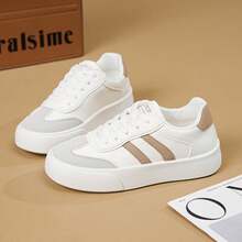 女士户外运动休闲鞋，当季小白鞋，女士新款校鞋，软底工作鞋，百搭滑板鞋，平底鞋 - 白卡其色 - 查看 4