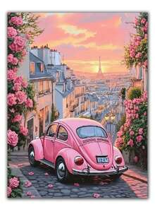 5d Diy French City Scenery Pink Car Full Round Diamond Painting Kit Mosaic Portrait Art Full Drill Diamonds Embroidery Craft,Living-Room Decor,Frameless - Multicolor - View 3