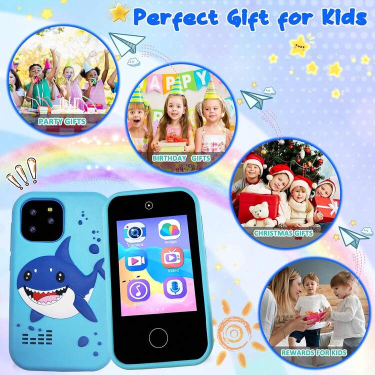 3-9岁男孩鲨鱼主题智能手机玩具，触屏学习玩具，圣诞节和生日礼物，包含硅胶鲨鱼壳、逼真触屏、音乐播放器、双摄像头和教育游戏 - 彩色 - 查看 8