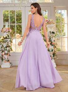 性感深 V 领蕾丝晚礼服优雅正式舞会婚礼宾客礼服，适合毕业典礼、晚宴、露背水钻礼服