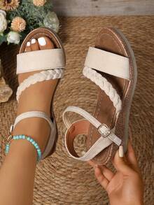 大码女士坡跟凉鞋，2025夏季新款时尚仙女风纯色度假波西米亚风高跟鞋，旅行必备 - 米色 - 查看 2