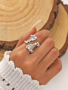 鑽石和人造珍珠裝飾戒指 - 金黃色 - 查看 6