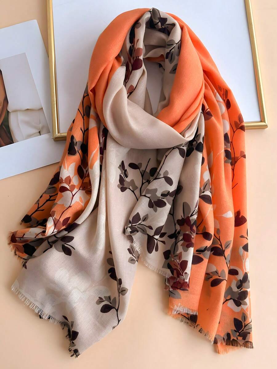 1pc Floral Print With Open Fringe Scarf - Soft And Stylish For Women - For Casual Outings And Plants Scarf For Daily Use - Orange - View 1